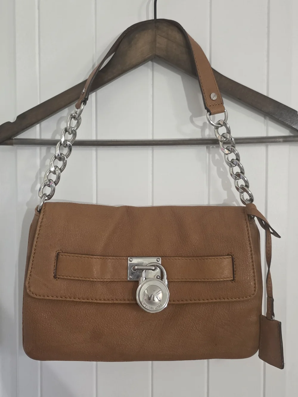 Michael Kors Brown Pebbled Leather Medium Shoulder Bag Chain Strap Padlock Purse